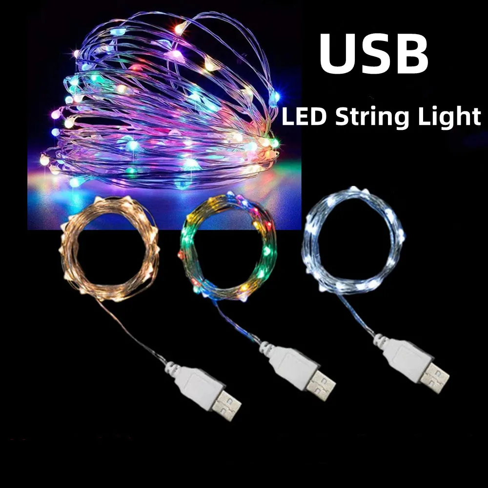 

USB LED String Fairy Lights 1M 5M 10M 100LEDs Sliver Copper Wire Wedding Garland Festival Party Decor Christmas Gift Waterproof