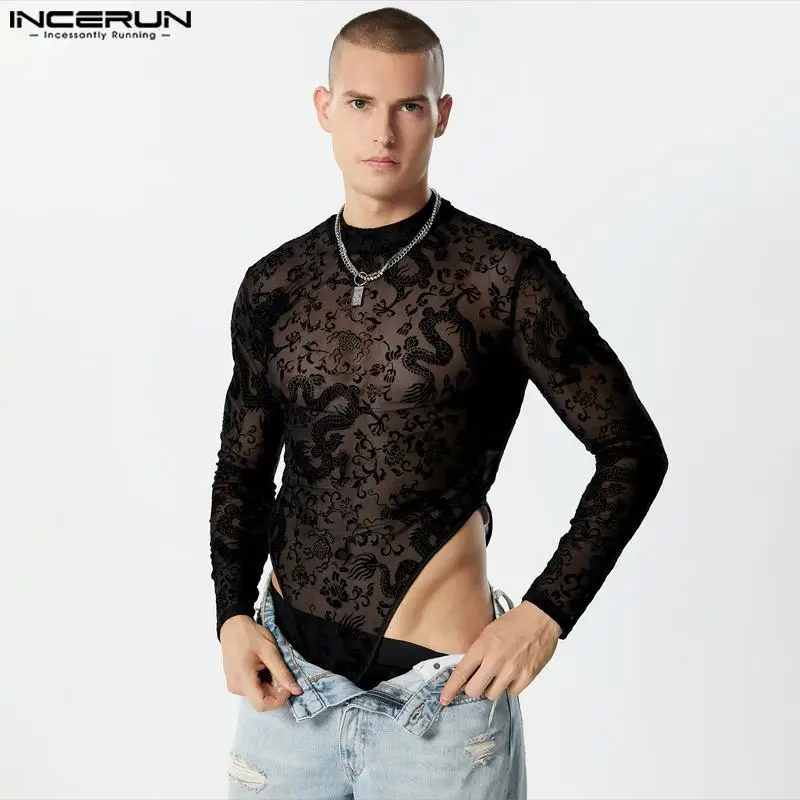 

INCERUN 2023 Sexy Loungewear Bodysuits Men's Fashionable Jacquard Rompers Male Ethnic Totem Printing Long Sleeve Jumpsuits S-5XL
