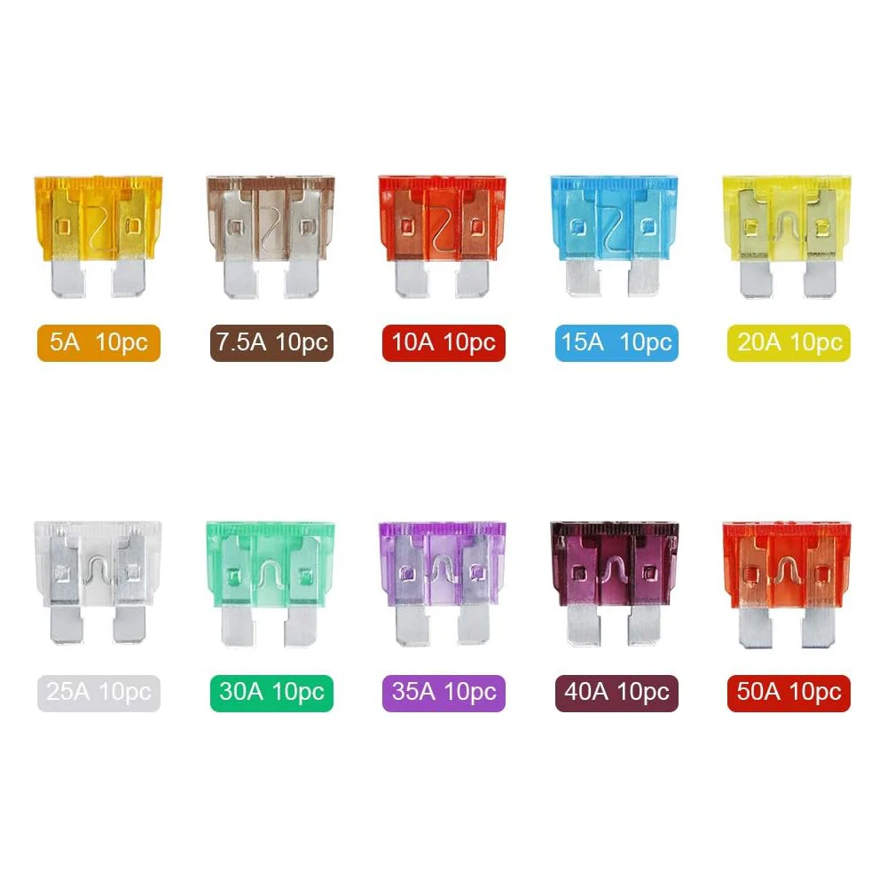 Car Fuses Kit 100 Pcs Standard Fuses Assortment Standard Size Automotive Blade Fuse for RV Car Truck Marine Boat