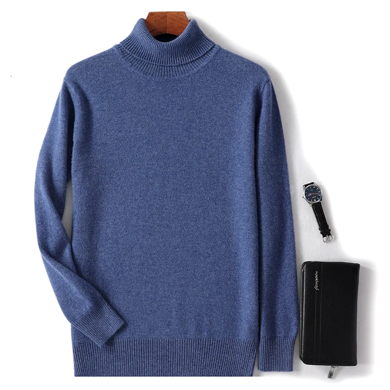 

Autumn and winter new 100% pure merino wool pullover men's high-necked cashmere sweater thick warm loose solid color coat.