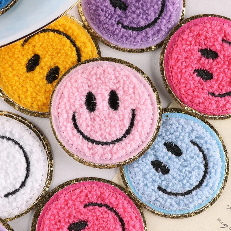 Embroidered Computer Towel Badge Clothing Accessories Gold Edged Smiley Face Patch Fabric Sticker Back Glue Repair Kit
