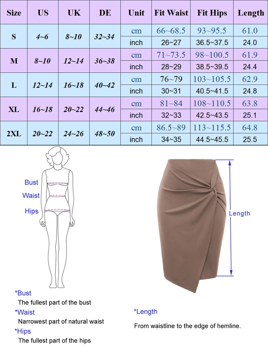 GK Women Asymmetrical Wrap Front Bodycon Skirt 2pcs-Pack Solid Color Slim Fit Knee-length Causal Office Lady Hip Wrap Skirt