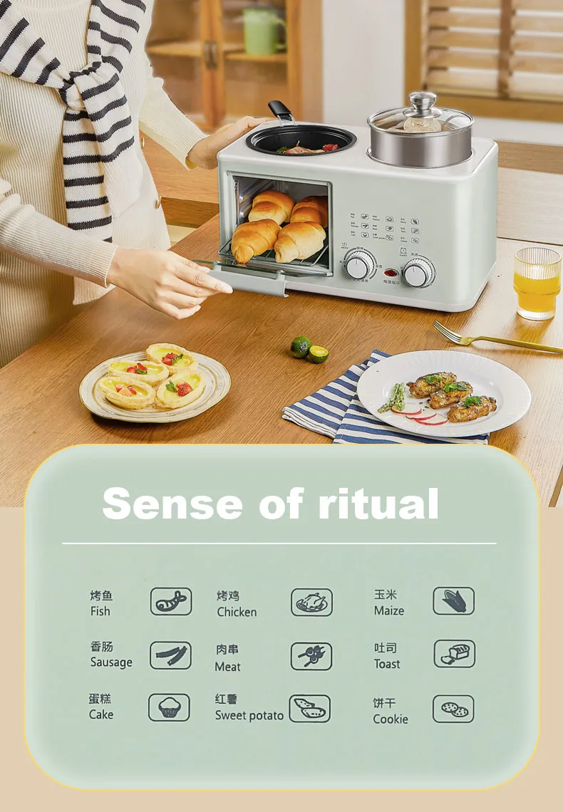 Description Picture 4 of itemHousehold  Electric 3 in 1 Breakfast Machine Bread Toaster Oven Omelette Frying Pan Hot Pot Boiler Food Steamer Pasta Cooker EU