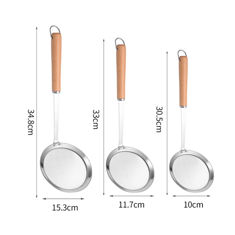Stainless Steel Fine Mesh Strainers Filter Spoon Hot Pot Skimmer Ladle with Wooden Handle Frying Scoop Noodles Dumpling Sieve