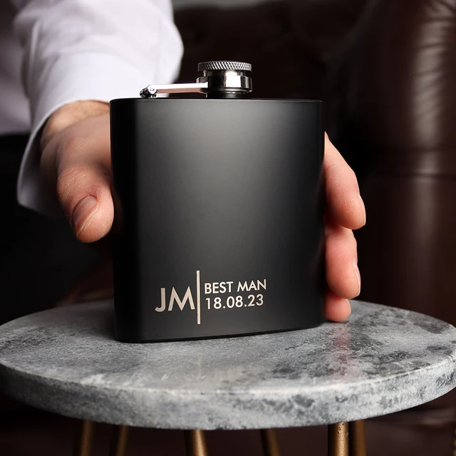Custom Groomsmen Gift Engraved Best Men Black 6oz Hip Flask with Gift Box Set Personalised Gift for Him Fathers Day Dad Gift 1
