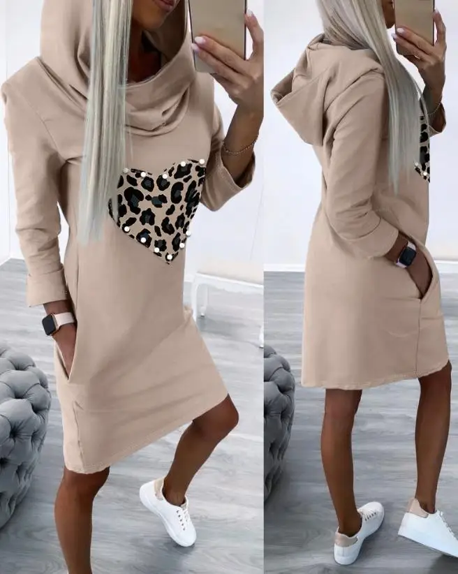 

2023 Autumn Winter Spring Fashion Casual Leopard Heart Print Hooded Casual Dress Elegant Dresses Women Female Clothing Outfits