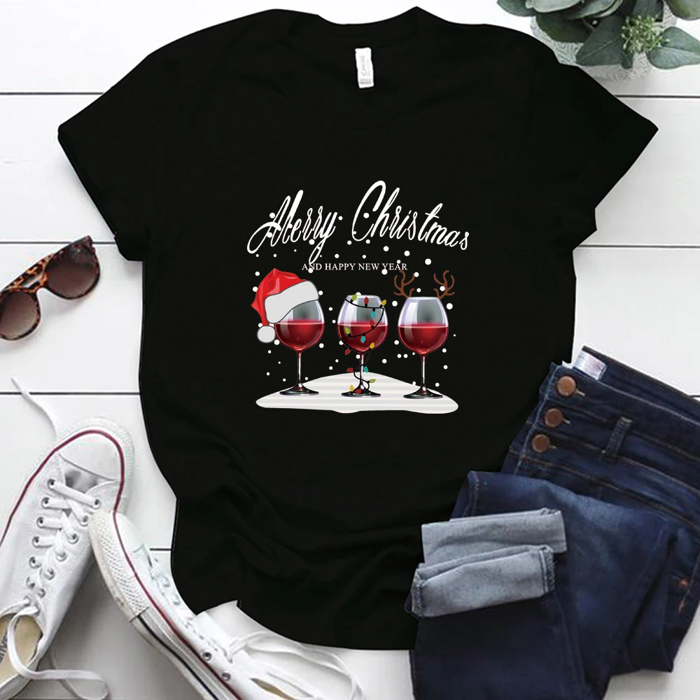 

Seeyoushy Merry Christmas Wine Printing Aesthetic Tee Shirt Femme O-neck T Shirt Casual Christmas Gift for Ladies Cut Tops