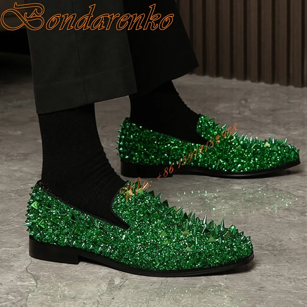 

Men Shoes Rivet Studded Handmade Fashion Dress Shoes Round Toe Solid Slip On Green Spike Flat With For Men Big Size Spring Shoe