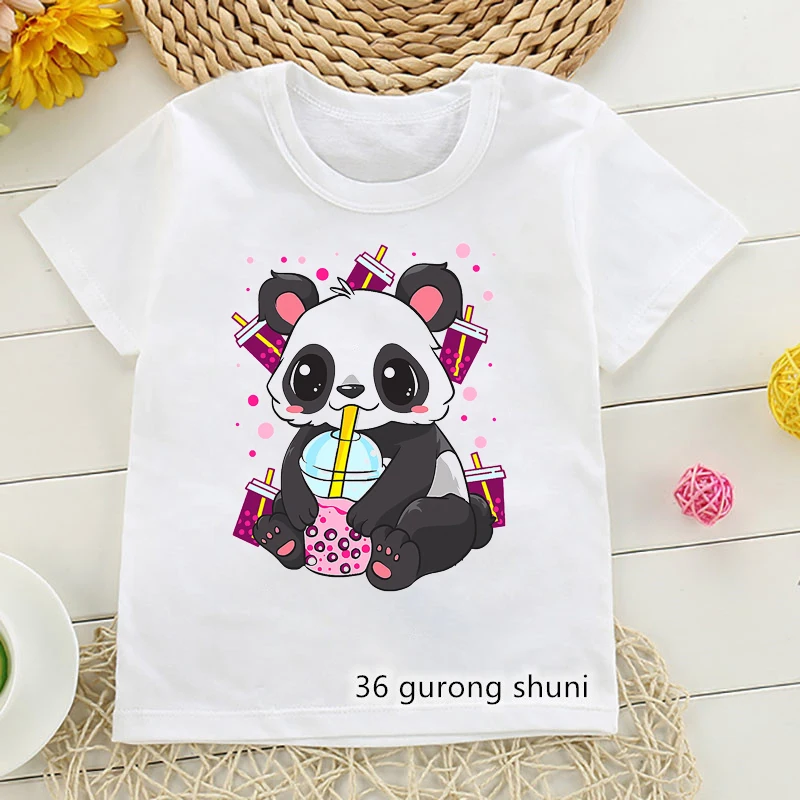 Divertenti Vestiti Per Bambini Tshirt Cute Panda Bere Latte Tè Cartoon Print Ragazzi T-Shirt Kawaii Ragazze Tshirt Moda Ragazzi/Ragazze Vestiti