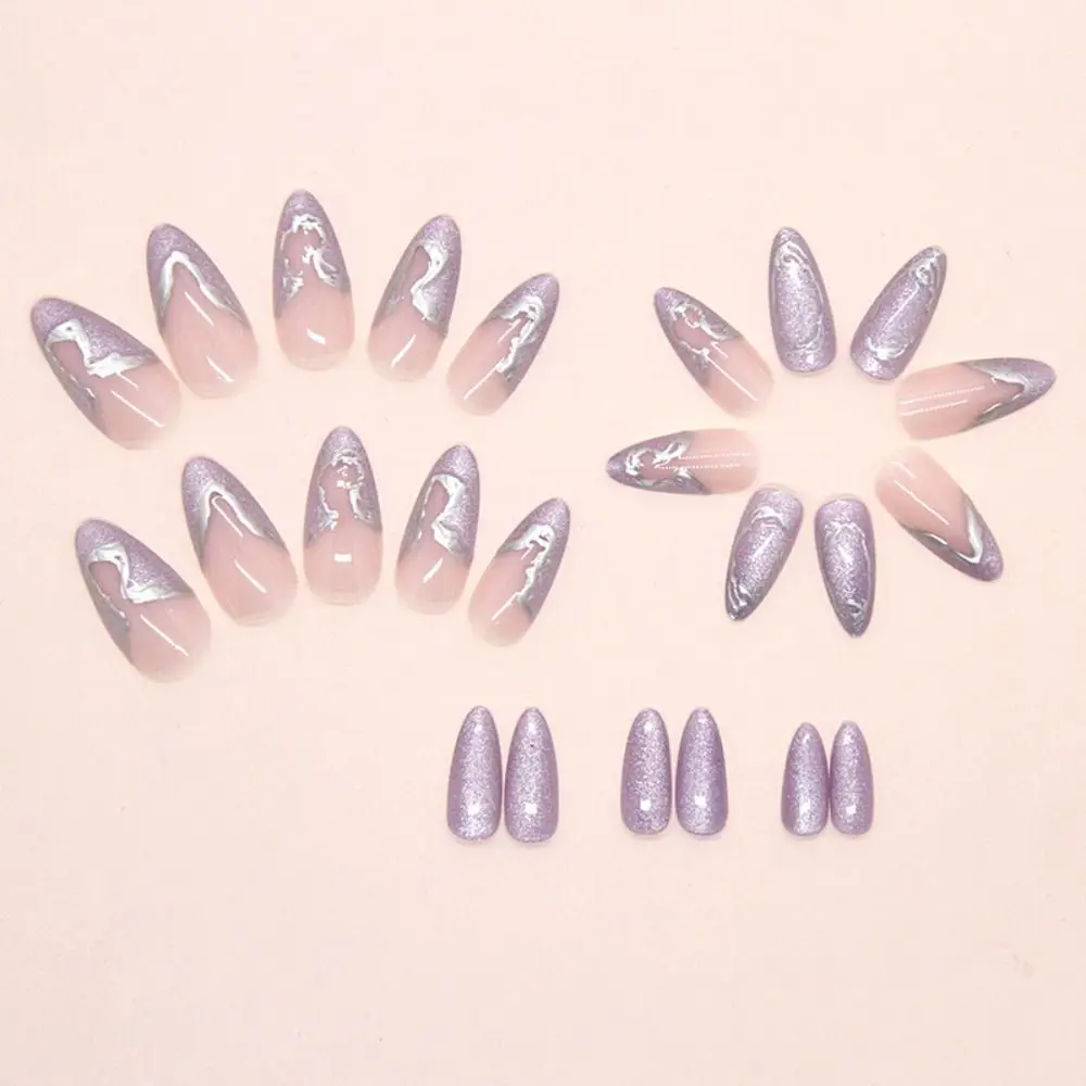 24pcs Manicure Long Almond False Nails Star Moon French Fake Nails Cat Eye Flower Nail Tips DIY