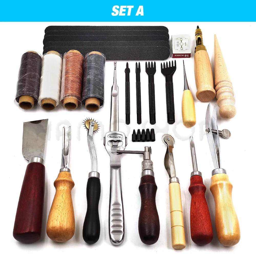 24mm wrench Leathercraft Tool Set Kits Pine Wood Leathercraft Hand Stitching Clamp Leather Punching Carving Saddle Groover Tools Storage DIY interior trim removal tool Tool Sets