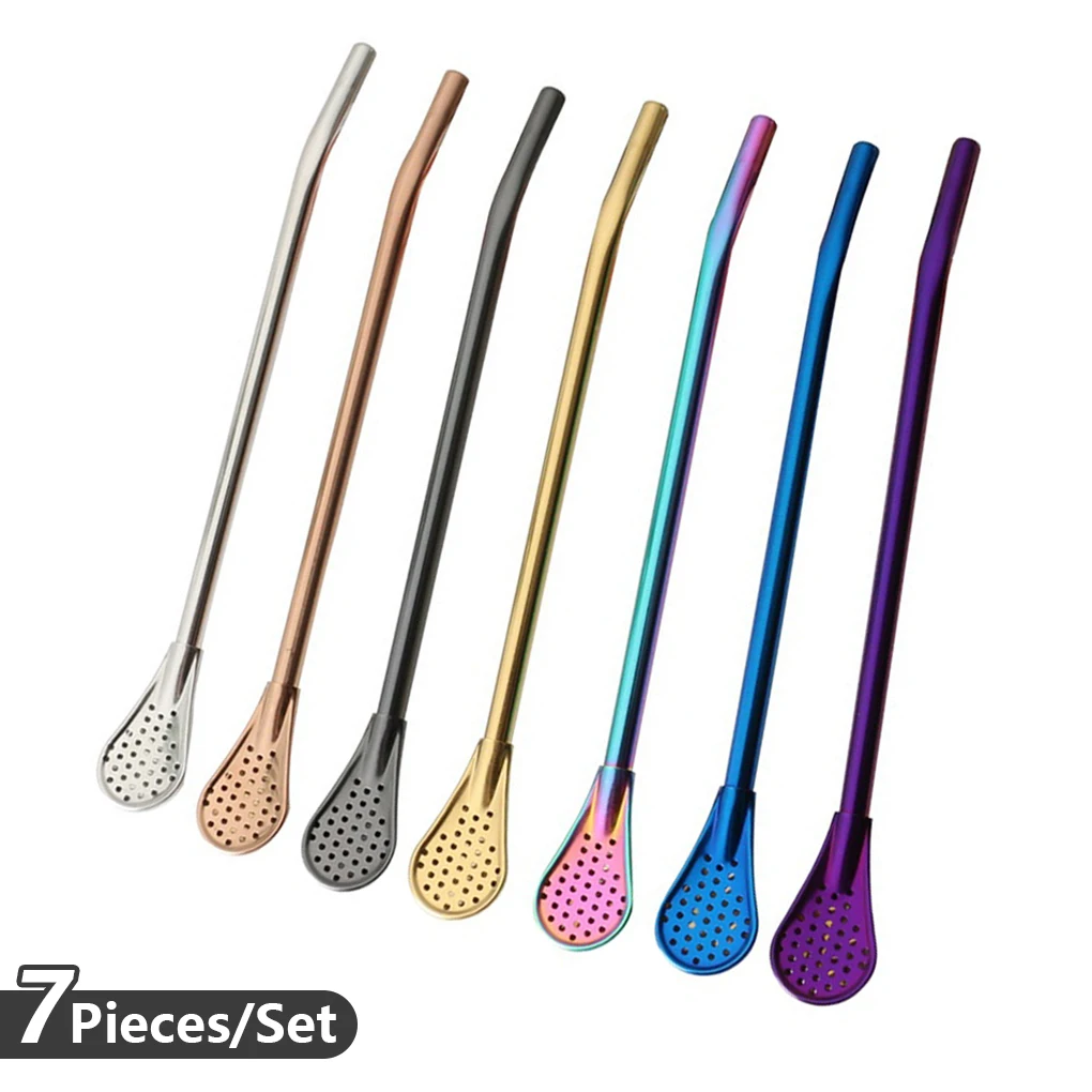 7pc Filter Straw Spoon Eco-Friendly Stainless Steel Drinking Straws Tea Strainer Cocktail Shaker Coffee Bar Filtered Spoons