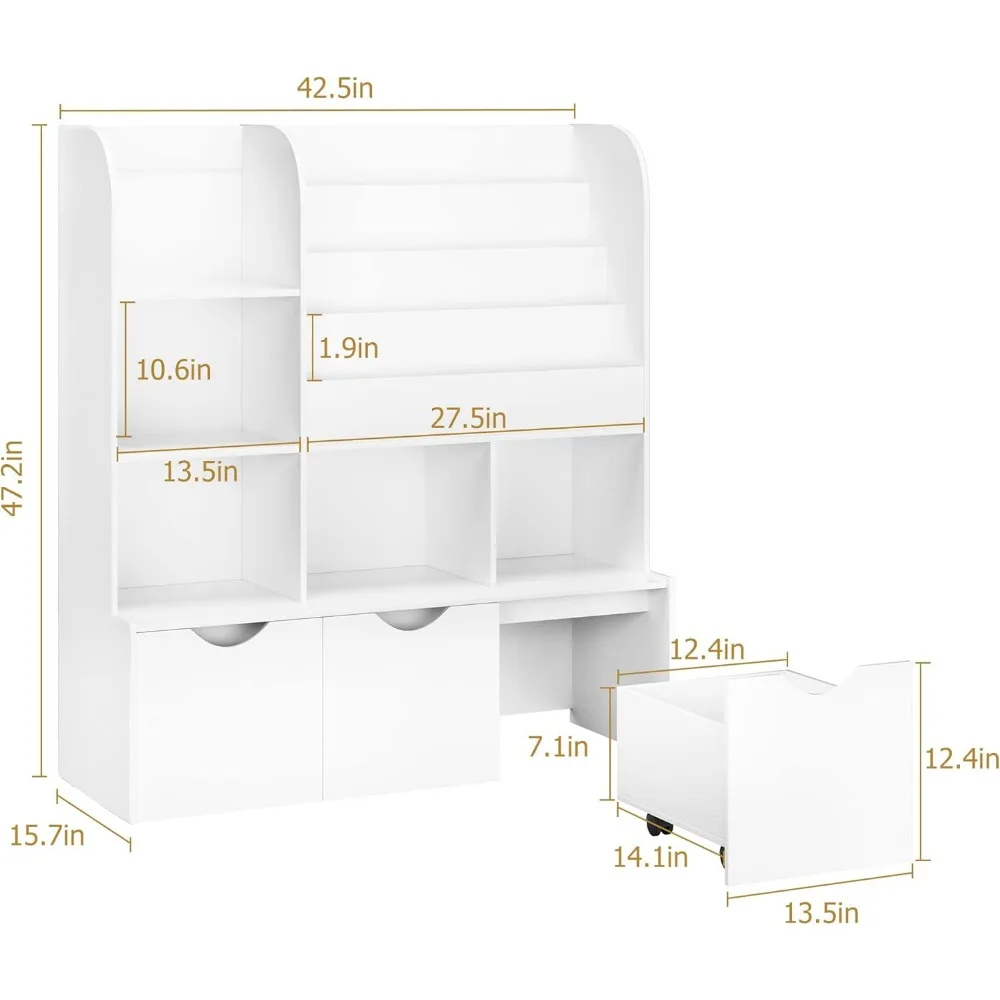 Kids Bookcase and Bookshelf, Multifunctional Bookcase with 5 Storage Cubbies and 3 Movable Drawers, Toy Storage Organizer