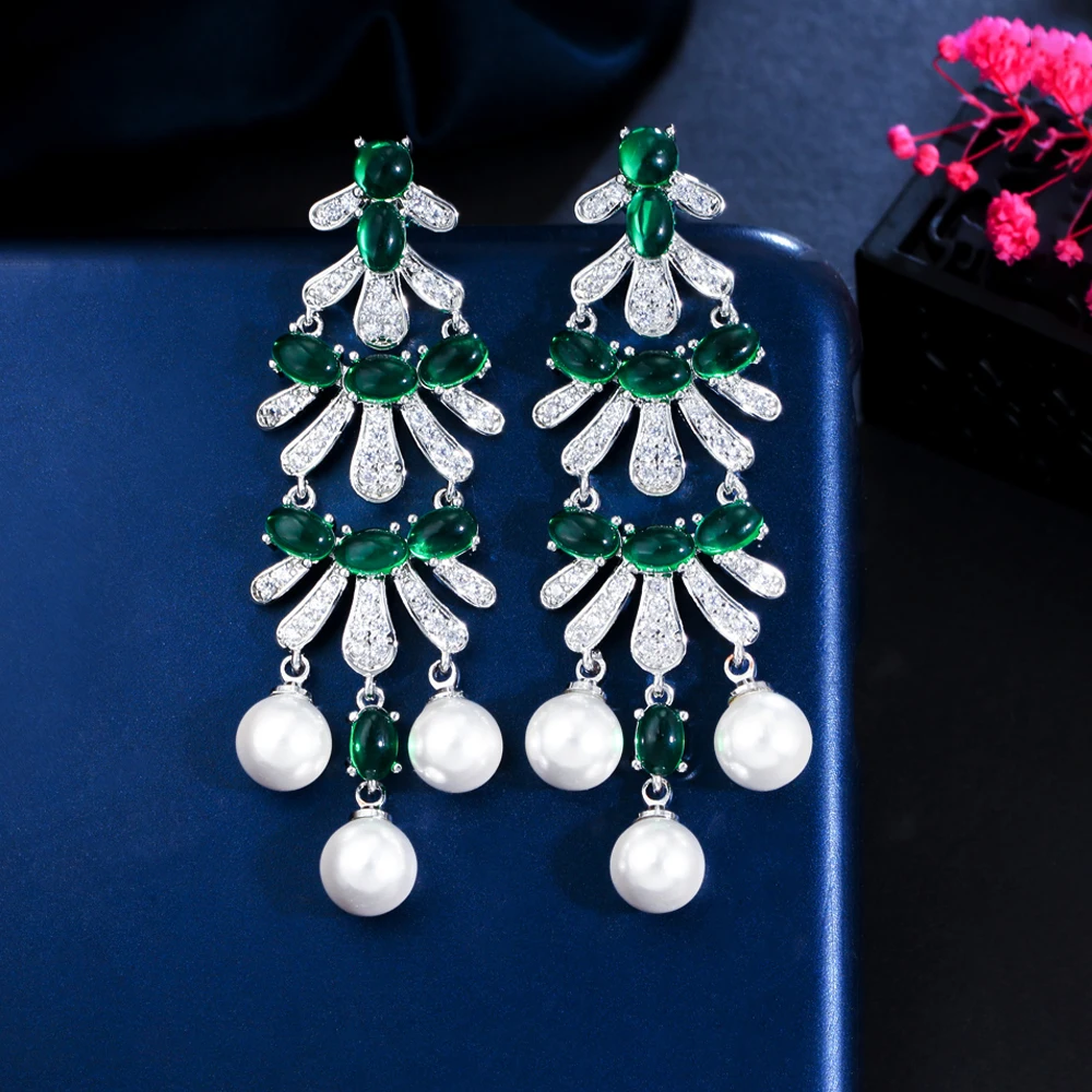 

ThreeGraces Classic Dark Green Cubic Zirconia Dangling Simulated Pearl Long Drop Earrings for Women Engagement Jewelry E1470