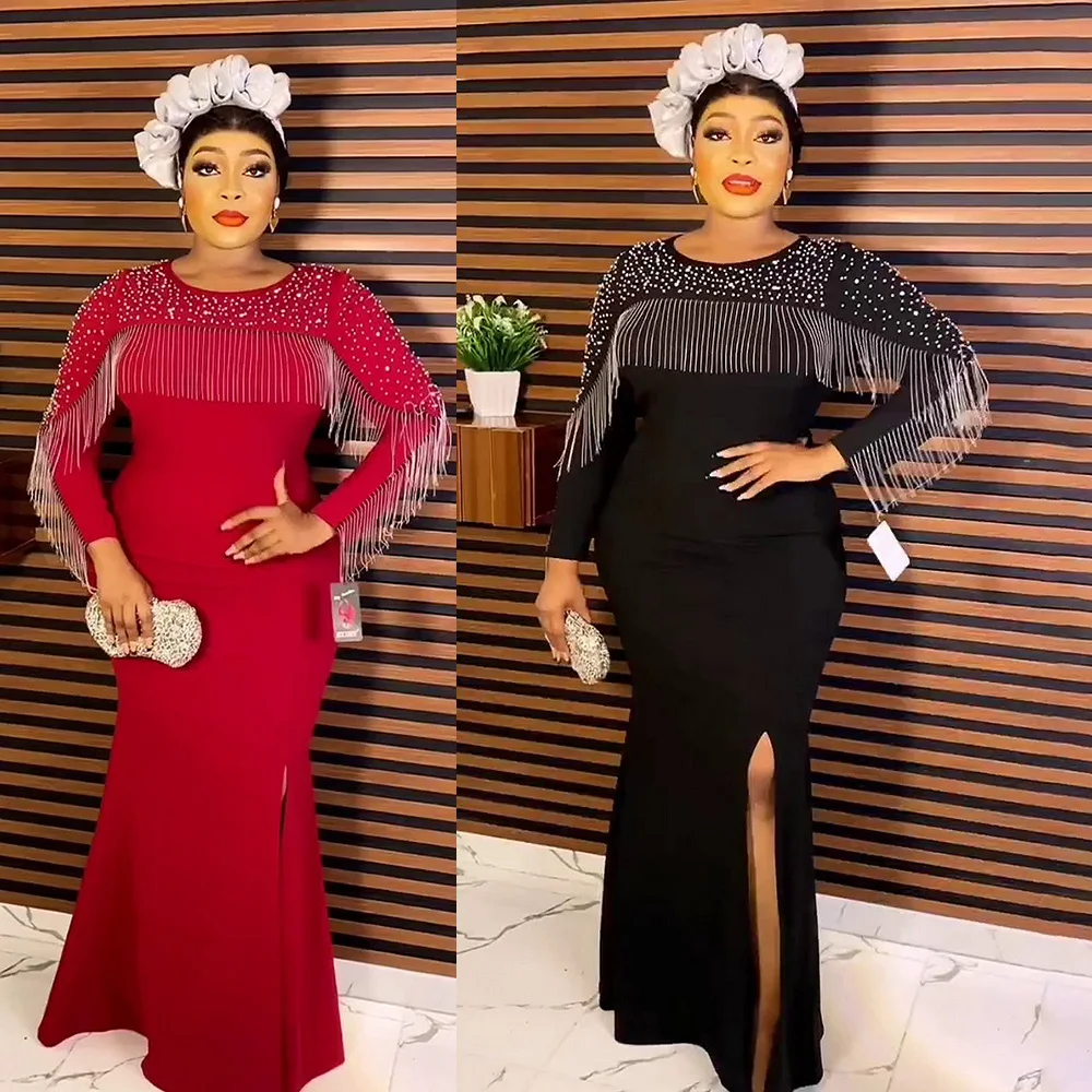 

Elegant fishtail skirt crewneck Long sleeve elastic evening dress rhinestone tassel plus beads