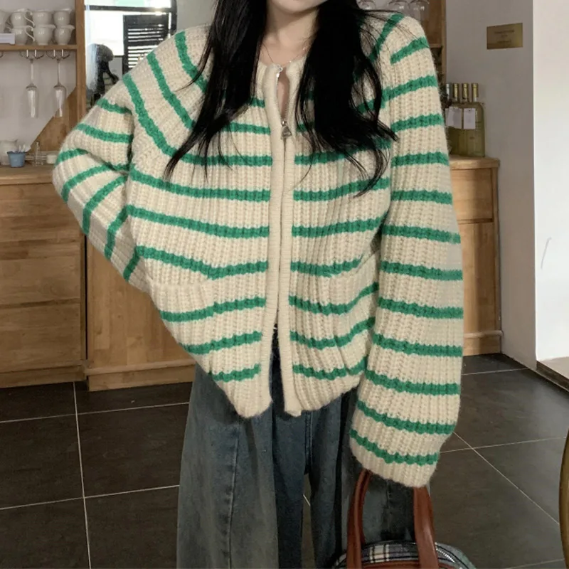 

Свободный вязаный кардиган, осенне-зимний женский свитер в французскую полоску для ленивых, кардиганы, женское мягкое вязаное пальто на молнии с большими карманами
