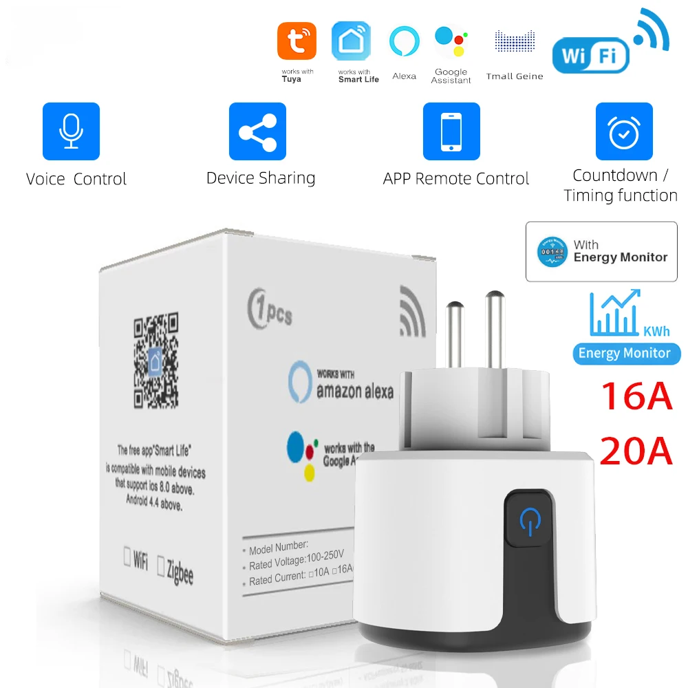Tuya WiFi Smart Plug 16A/20A EU สมาร์ทซ็อกเก็ต Power การตรวจสอบฟังก์ชั่นจับเวลาควบคุมเสียงสนับสนุน Alexa Google Home 1