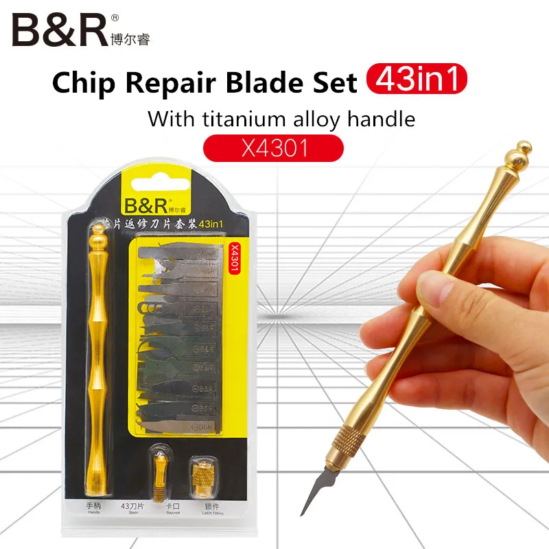 B & R X4301 43 In 1 Bga Cpu Nand Chip Repair Blade Set Con Manico In Lega Di Titanio Multifunzione Leva Coltello Ic Kit Lame Di Rilavorazione