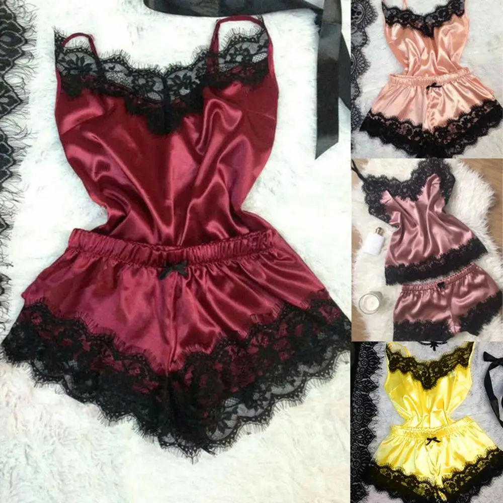 

2Pcs/Set Sexy Women Pajama Sets Silky Velvet Lace Strap Vest Top Shorts Sleep Wear Outfit Women Pajama Summer