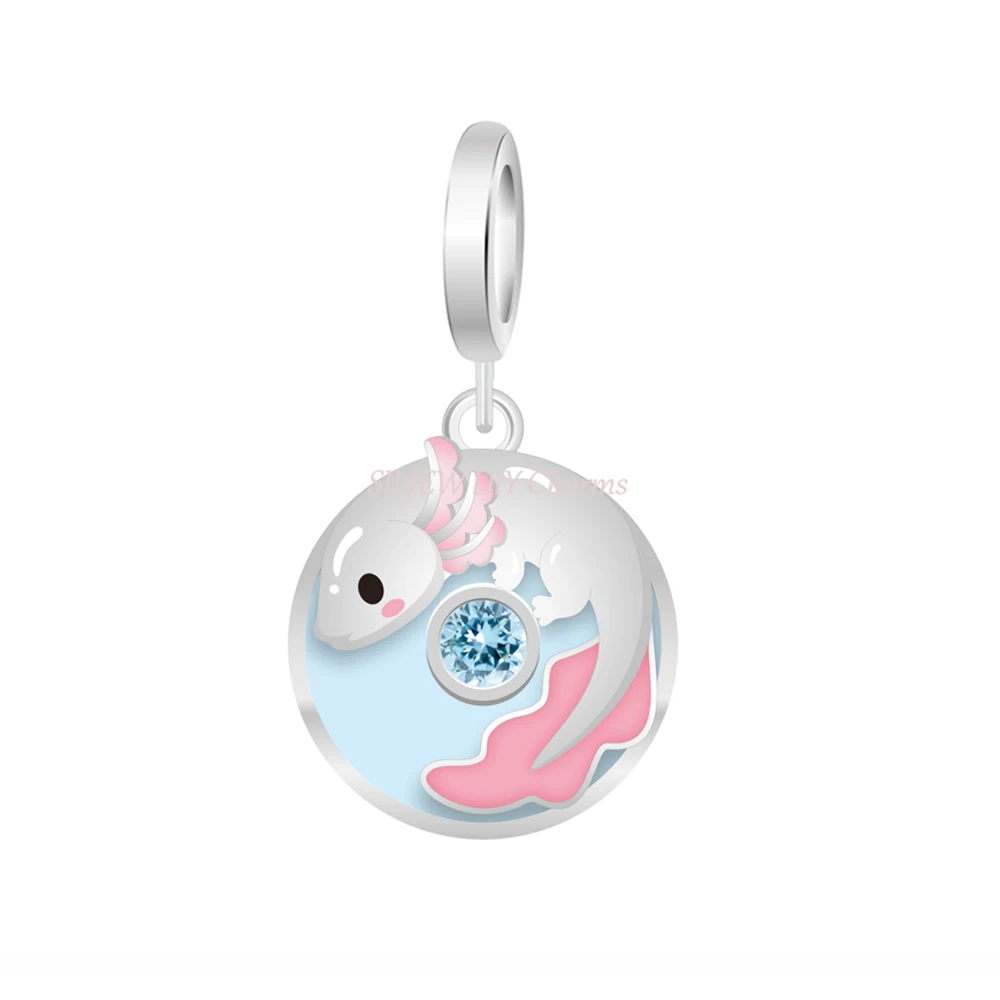 Axolotl & Blue Zircon Double Dangle Charm Bead Fit Pan for