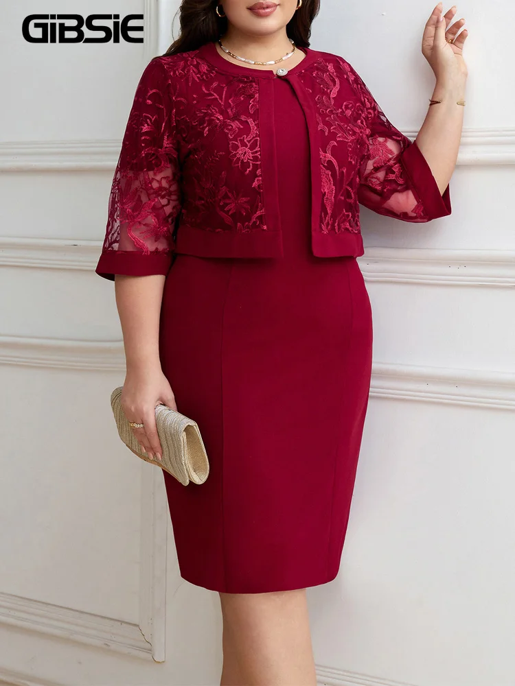 GIBSIE Plus Size Dress Sets For Women Summer 3/4 Sleeve Embroidery Short Coat Wedding Party Bridesmaid Bodycon Dress 2 Piece Set 1