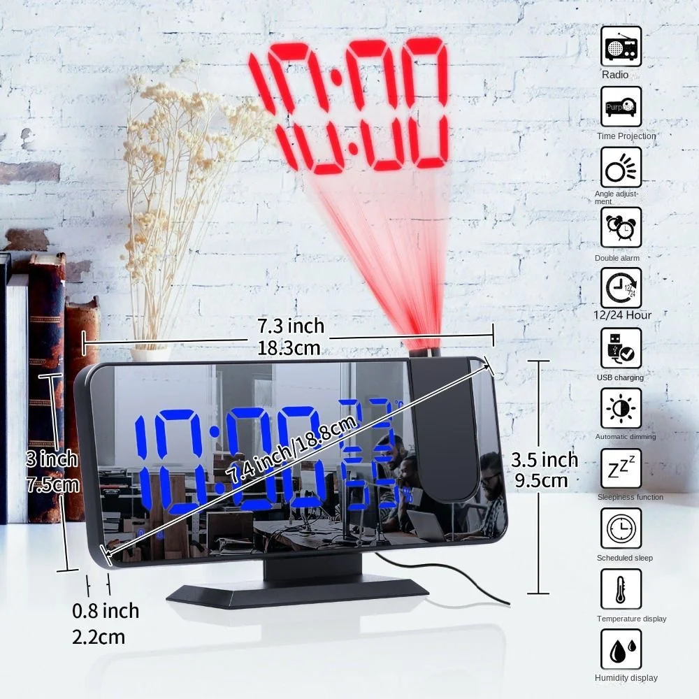 

Creative Multifunctional Temperature and Humidity Radio Projection Alarm Clock LED Mirror Clock Electronic Digital Clock