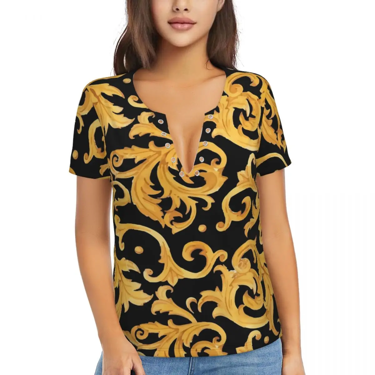 

Baroque Print T-Shirts Gold Floral Deep V Neck Street Fashion Oversized T-Shirt Short Sleeve Harajuku Tee Shirt Summer Tops