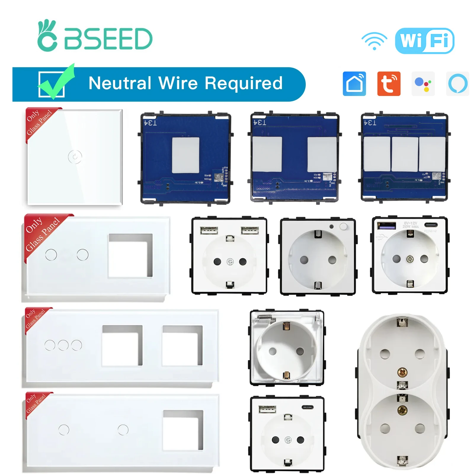 BSEED WIFI สวิตช์ไฟผนังชิ้นส่วนแผงกระจกสีขาวสวิตช์สัมผัสอัจฉริยะชิ้นส่วนฟังก์ชั่น EU ซ็อกเก็ตชิ้นส่วนปลั๊กไฟ 1