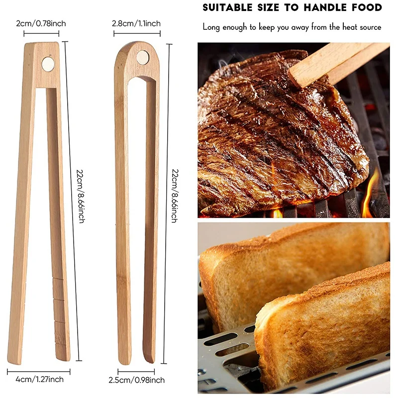 Magnetic bamboo toaster tongs 8.7 Inch wooden kitchen toast tongs cooking natural bamboo kitchen utensils 2 Pieces