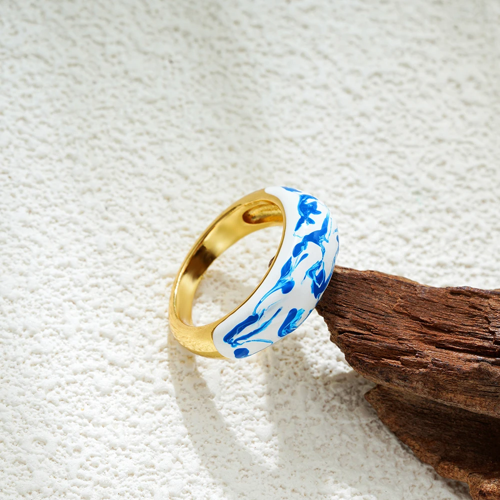 Creative Minimalist White Blue Enamel Smooth Circular Knuckle Ring Hypoallergenic Statement Chunky Rings Designer Jewelry Кольца