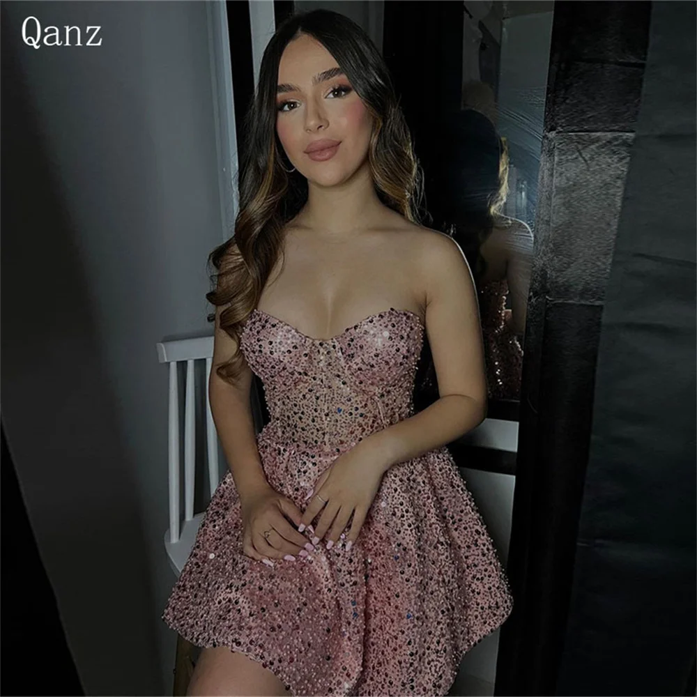 

Qanz Sparkle Sequined Prom Dresses Pink Sweetheart Party Dresses Corset Back Glitter Short Mini Vestido Para Fiesta En Playa