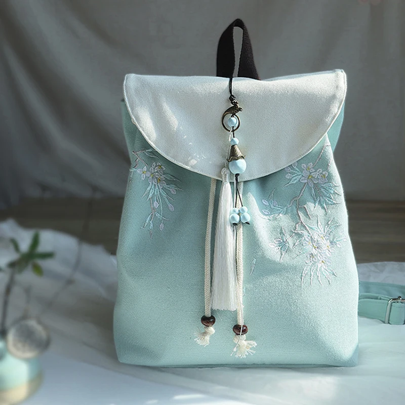 

2023 Women's Retro Canvas Embroidered Flower Backpack Tassel Drawstring Shoulders Bag Casual Bundle Girls Hanfu Bags