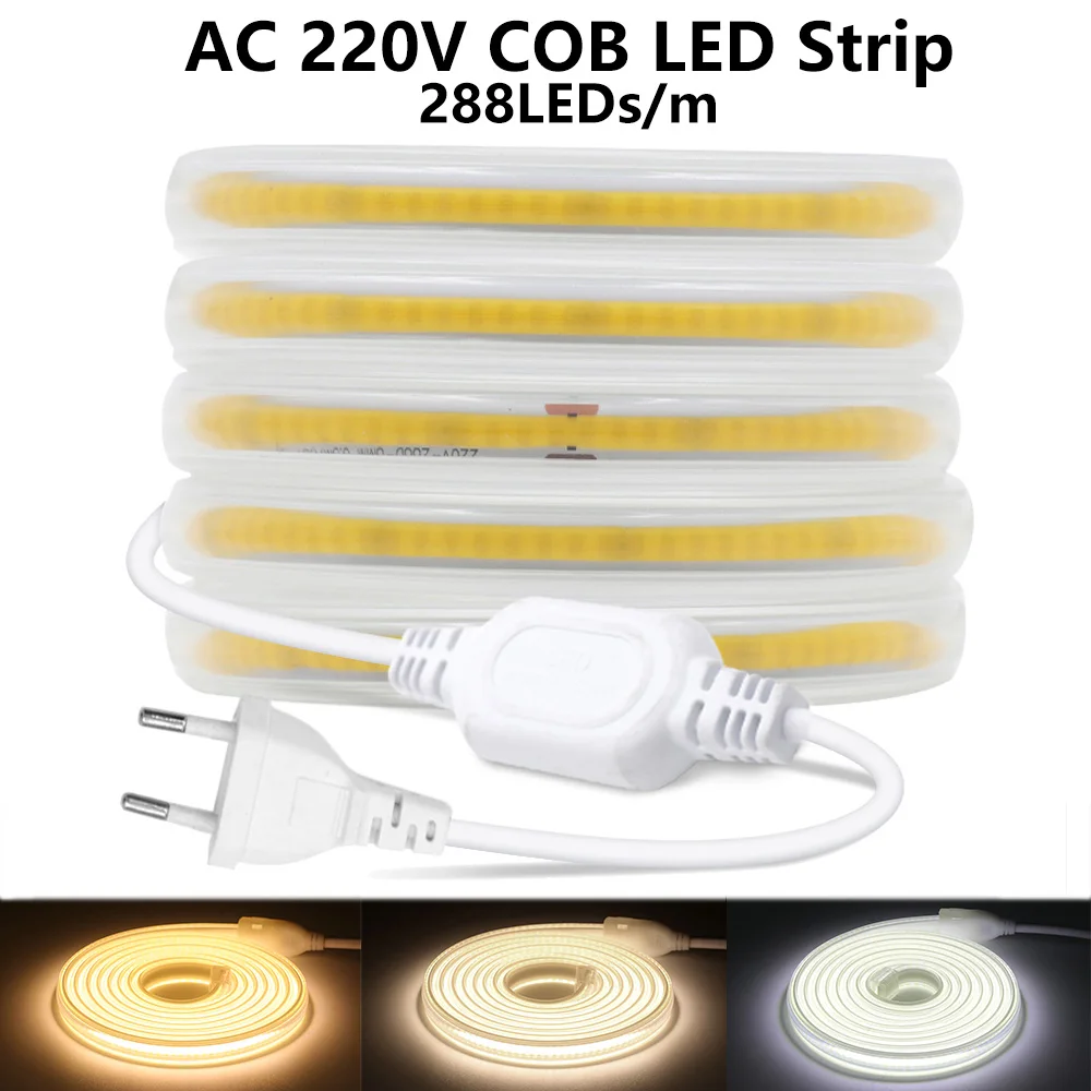 

220V COB LED Strip Super Bright 288Leds/m High Density Linear Lighting Waterproof Flexible Neon Strip Silicone Tube UK/EU Plug