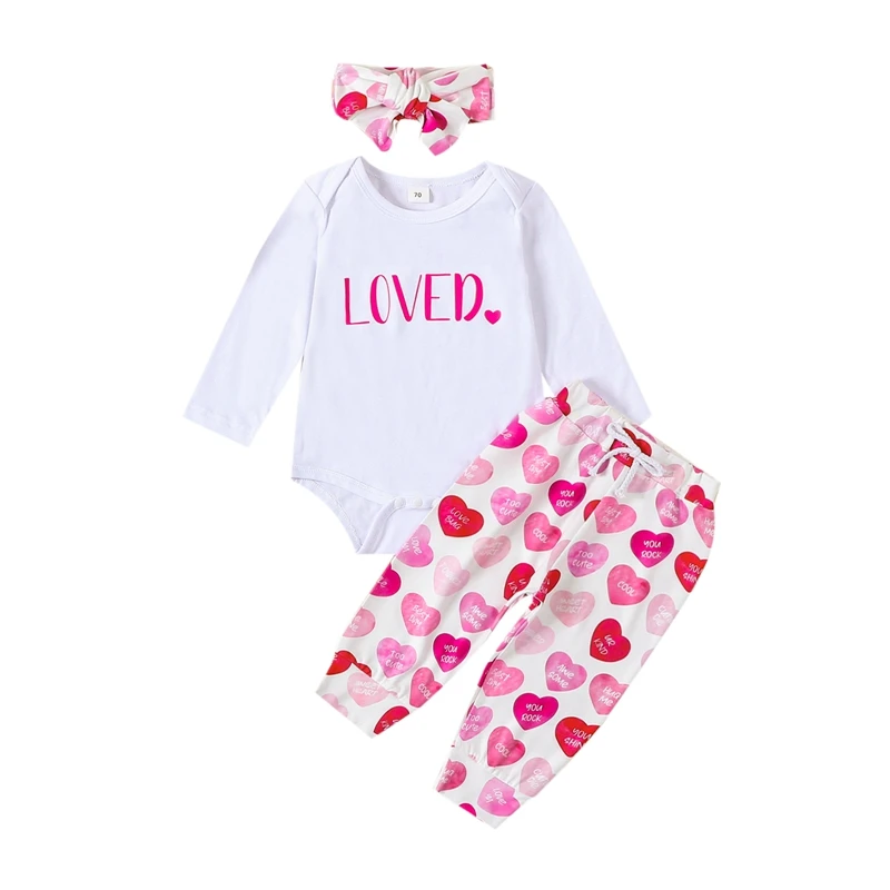 Newborn Valentine s Day Pants Set Baby Girl Letter Print Romper and Heart Print Pants Headband Outfits Infant Clothing