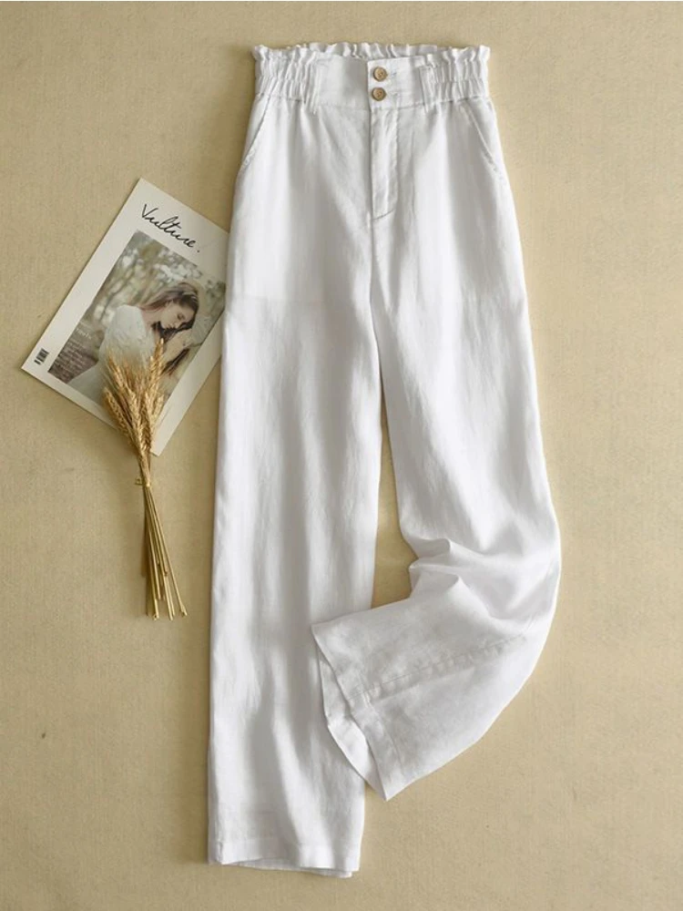 Cotton Linen Pants Korean Fashion High Waist Casual Bottom Wide Leg Pants  Women Oversize Clothes Trousers Loose Breathable Pants