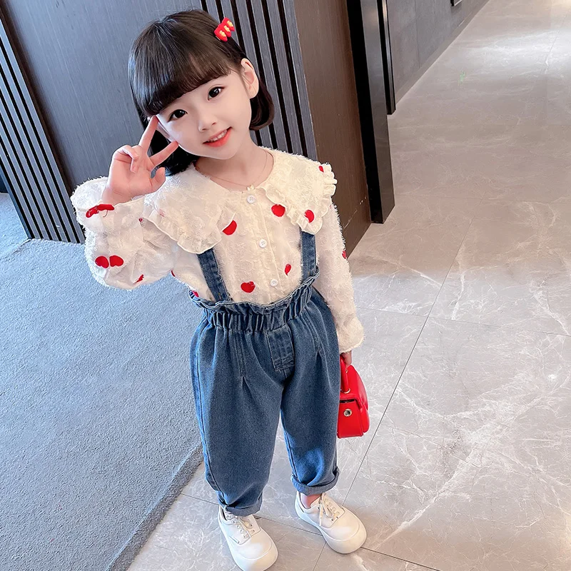 

1-6Years Cute Girls Denim Overall Sets Peter Pan Collar Long Sleeve Shirt+Strap Jeans 2Pcs Suits Kids Boutique Outfits