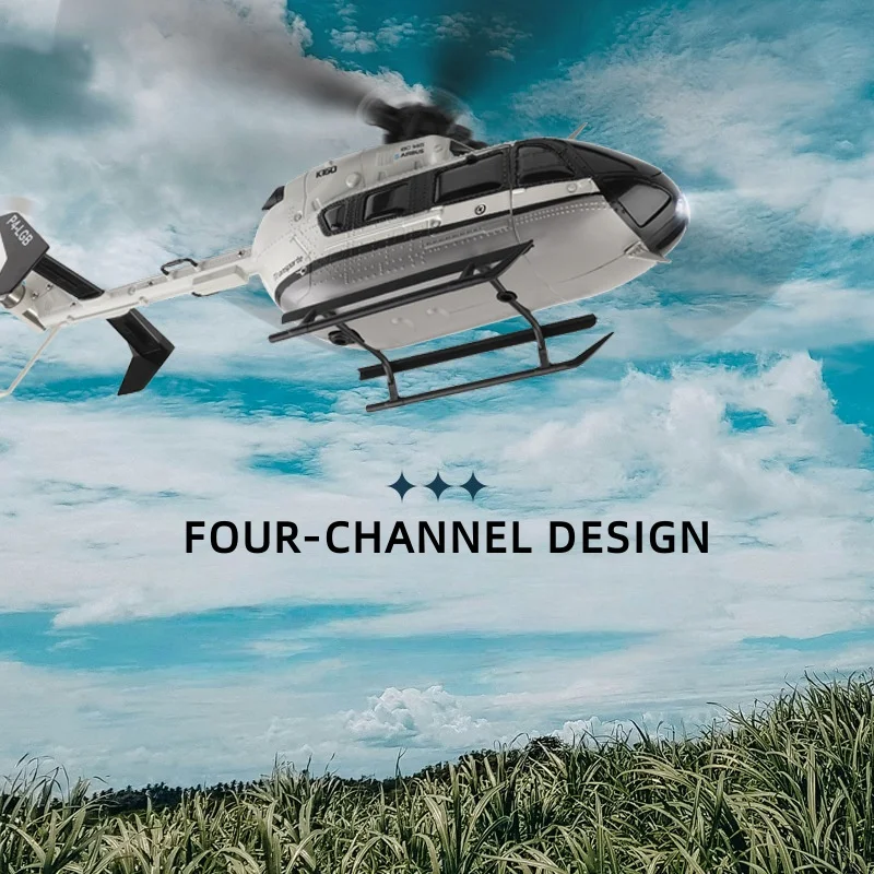 Hélicoptère RC Wltoys K160 EC-145 Brushless posé sur une surface, montrant son train d'atterrissage et son design compact