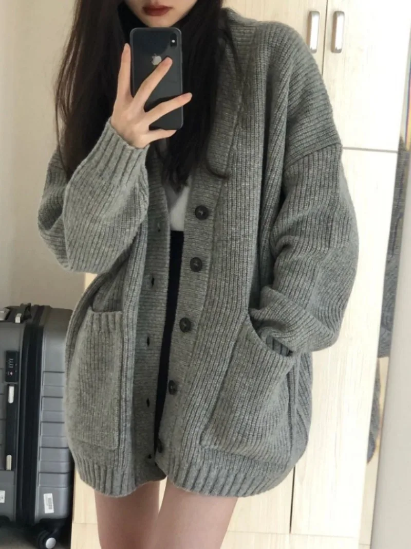 Women Sweater Cardigans Coats Autumn Winter Fashion Female Long Sleeve V-neck Loose Knitted Jackets Casual Cardigan Sweaters