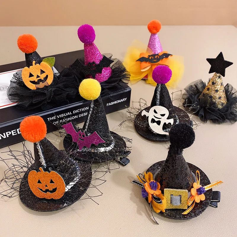 Children's Halloween Funny Hair Accessories Witch Hats Girls' Pumpkin Bowtie Hair Clips Headwear Terror Party Props scary halloween witch hats
