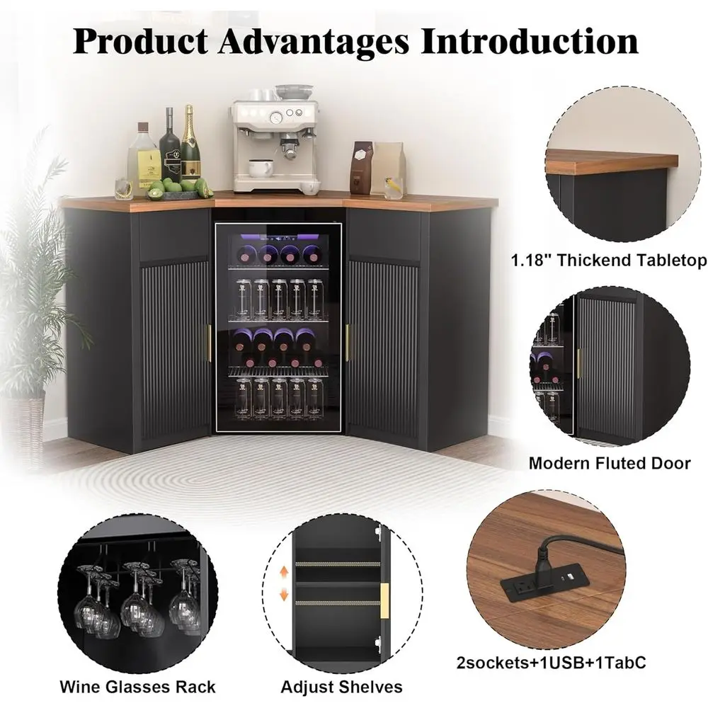 Ridged Bar Cabinet with Storage, Coffee Bar Station, L-Shaped Wine Rack for Home
