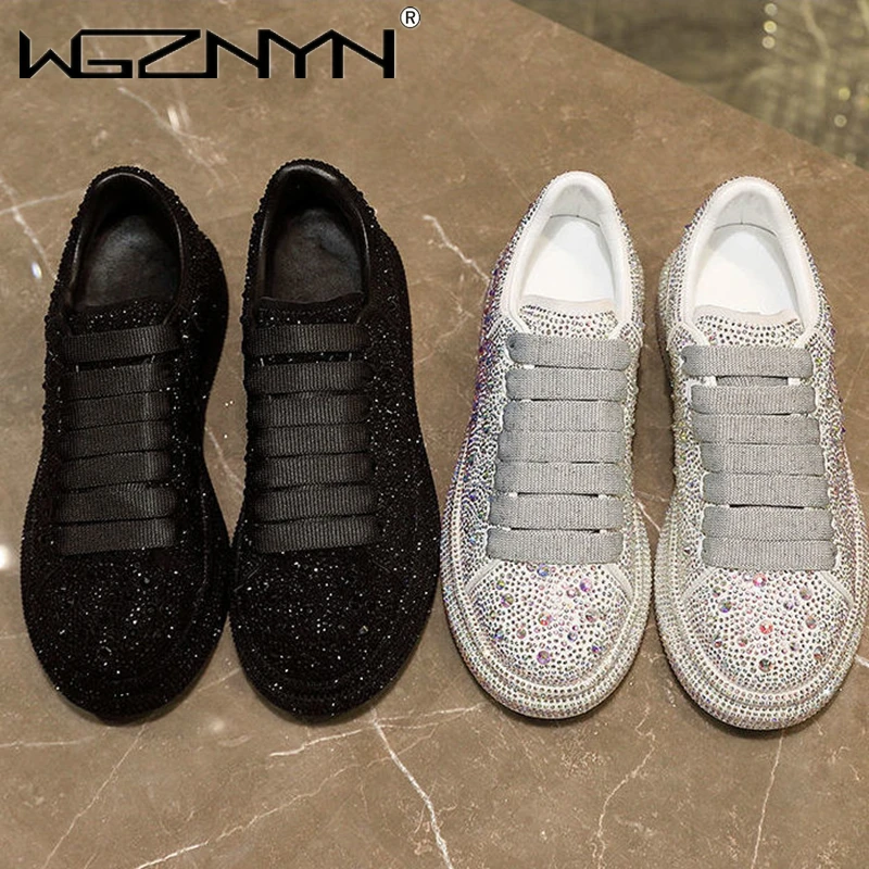 NEW Brand Women Fashion Casual Glitter Sparkling Sneakers Women Encrusted  Lace Up Shoes White Sole Fashion Street Sneakers Shiny