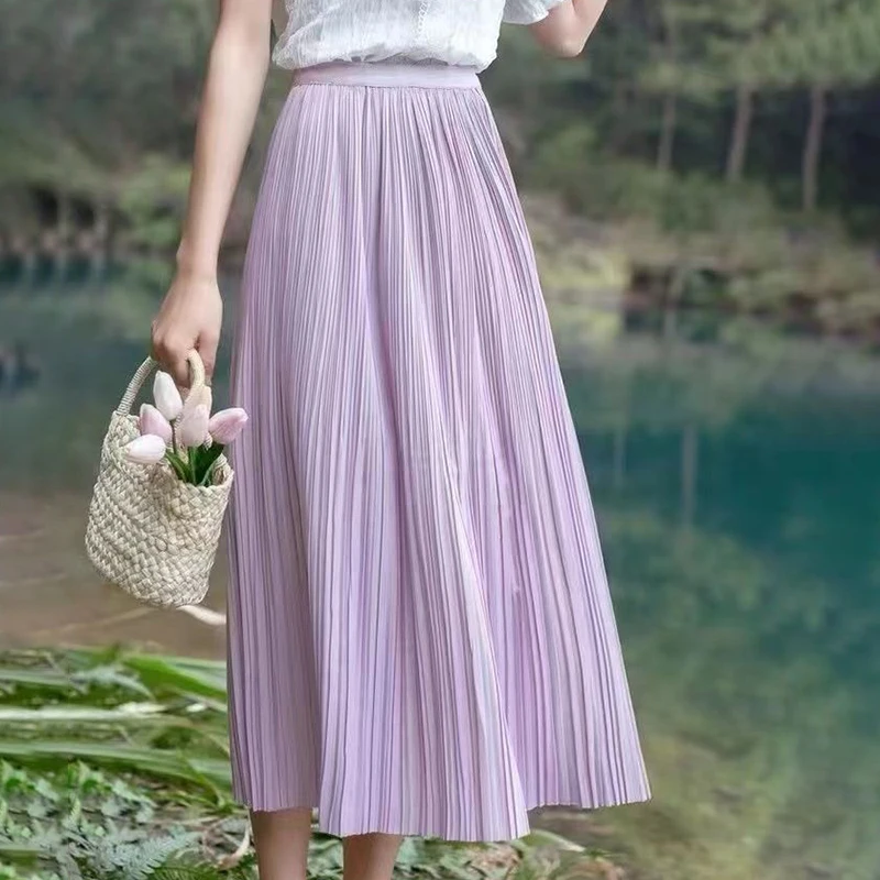 

Summer Elegant High Quality A-Line Skirt Women Korean Elastic Waist Knee-Length Skirts Woman Casual Solid Gentle Pleated Skirt