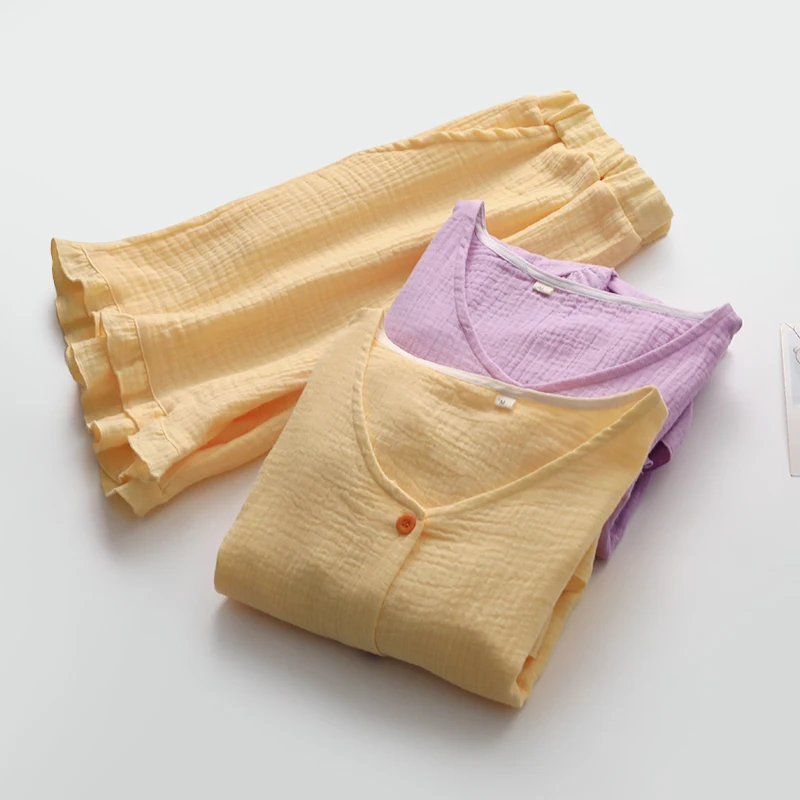 Tree Fungus-like Lacework Short Sleeve Pajamas Washed Pure Cotton Yarn Cardigan V-neck Thin Shorts Home Sleeping Clothes Thin