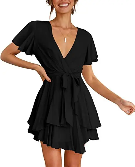 

Women Fashion Elegant Casual Deep V-neck short sleeve waist lace-up pleated Solid Ruffles mini skater skirt Dress