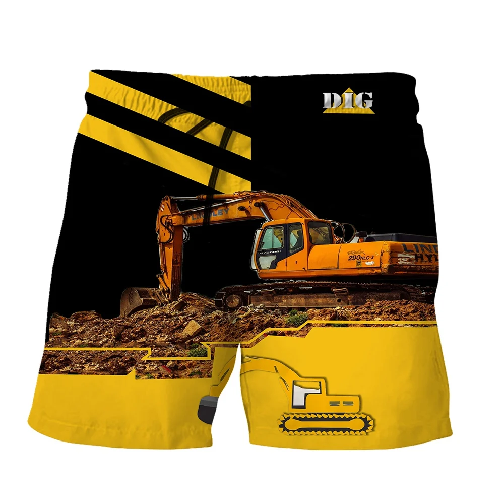 SONSPEE Yellow Excavator Graphic 3D Print Shorts Summer  Street Style Clothing Men Women Beach Hip Hop Oversize Punk Short Pants