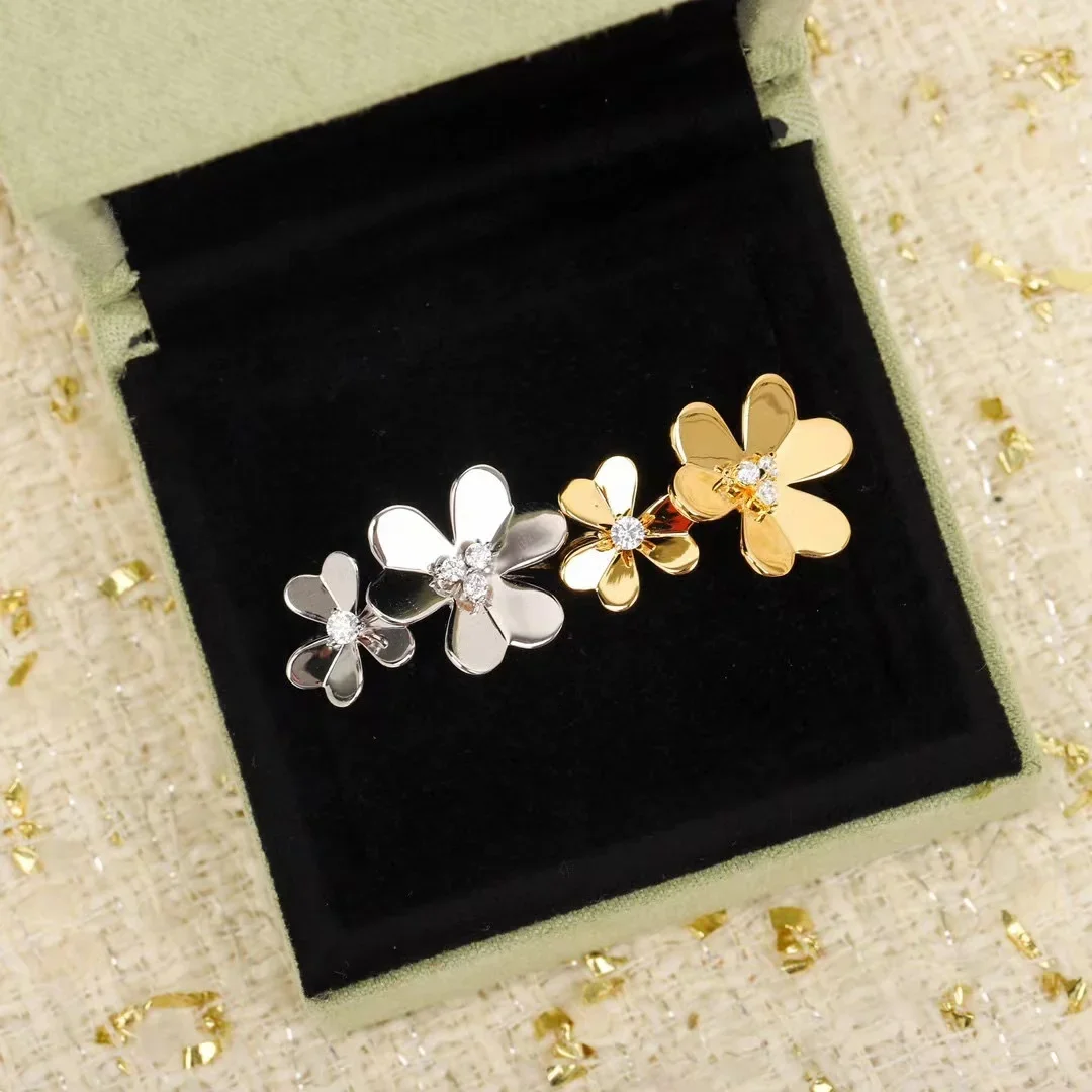 

New 2023 Anniversary Gifts S925 Sliver Famous Brand Party Luxury Jewelry For Women Zicon Gold Color Double Flowers Clover Rings