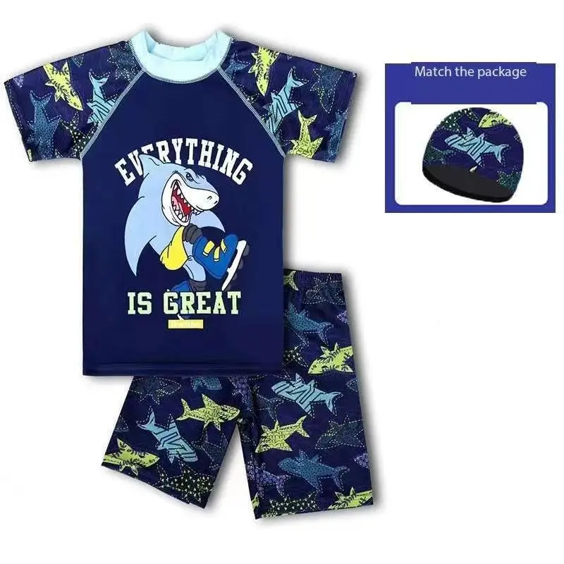 Boys Swimwear 3Pcs Set Cartoon Print Kids Boys Swimwear Children's Swimsuit Surfing Suit Swimming Clothes Boy Beachwear Hat