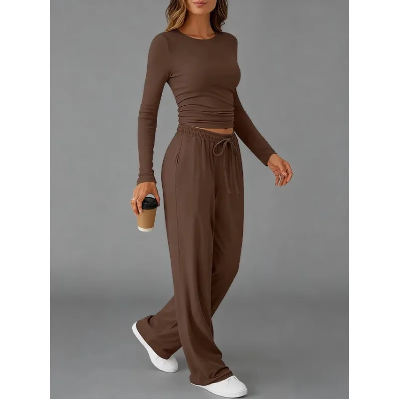 Abbigliamento da donna Moda europea americana Sport casual Autunno Inverno Tinta unita con coulisse Set di pantaloni a maniche lunghe - immagine 6