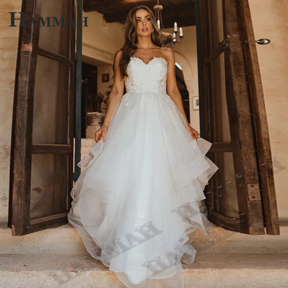 

HAMMAH Trendy Ruffles Wedding Dress For Brides Tulle Sleeveless Zipper Classic Appliques Court Train Vestidos De Novia Brautmode