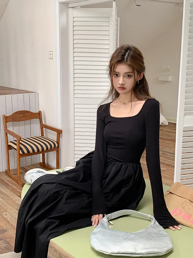 Casual Knitted Midi Dresses for Women Solid Long Sleeves Square Collar A-line Autumn New Elegant Dress Female Slim Vestidos